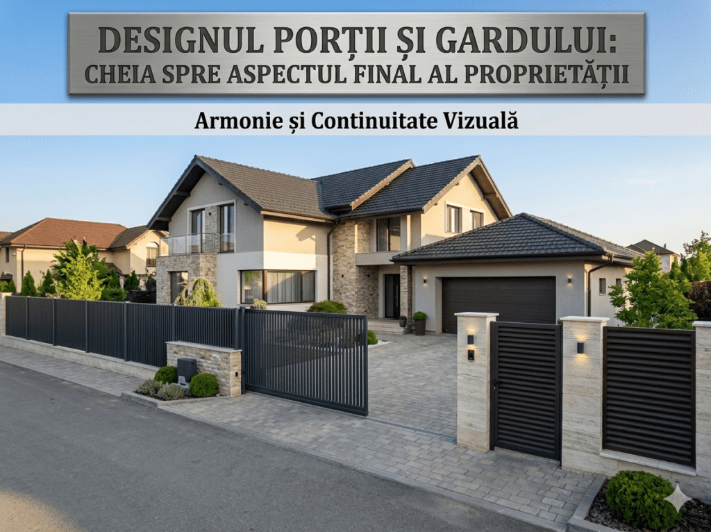 Casă modernă cu poartă și gard metalic antracit asortate arhitectural
